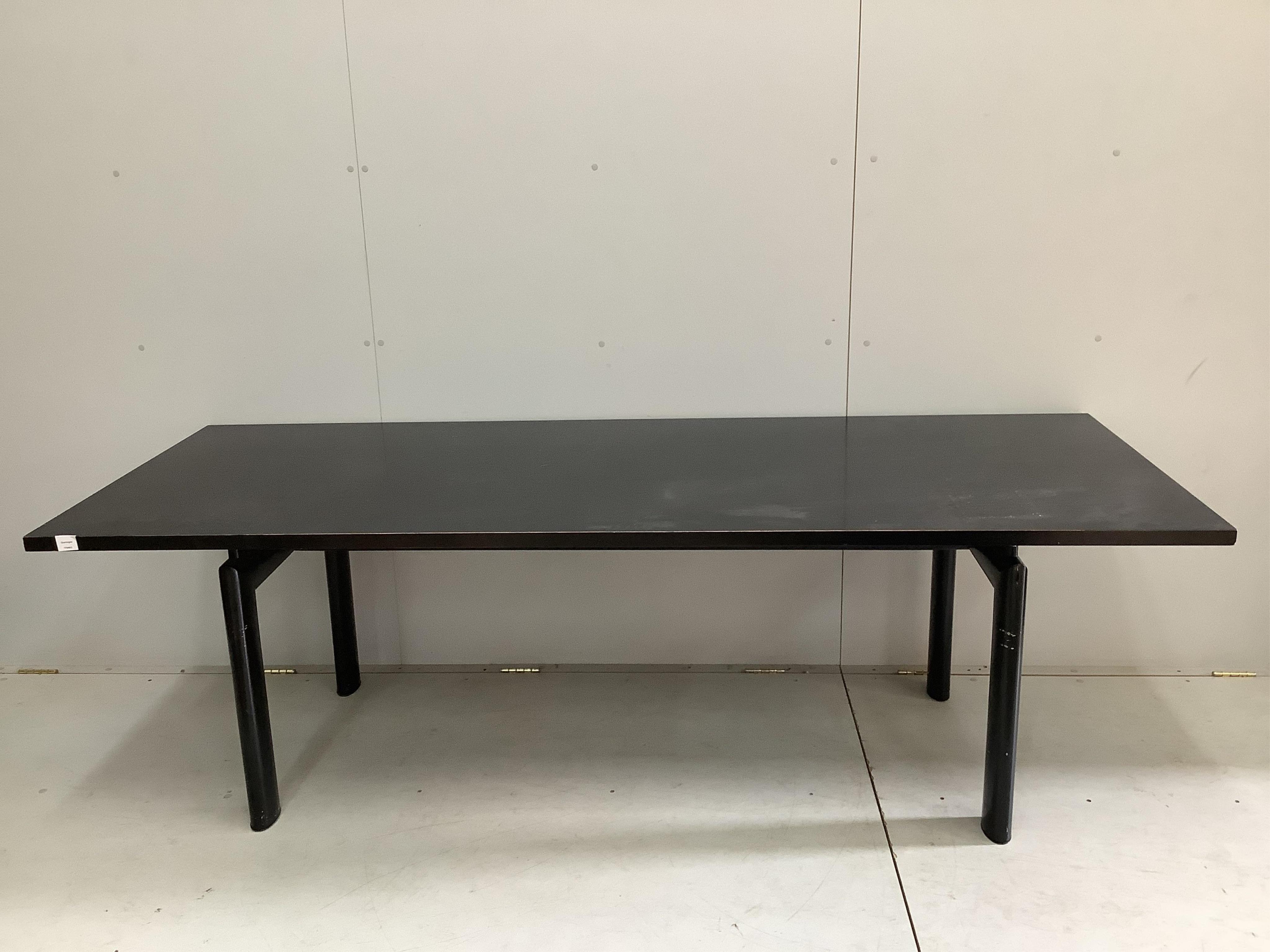 A Corbusier design LC6 style black ash dining table, width 225cm, depth 85cm, height 69cm